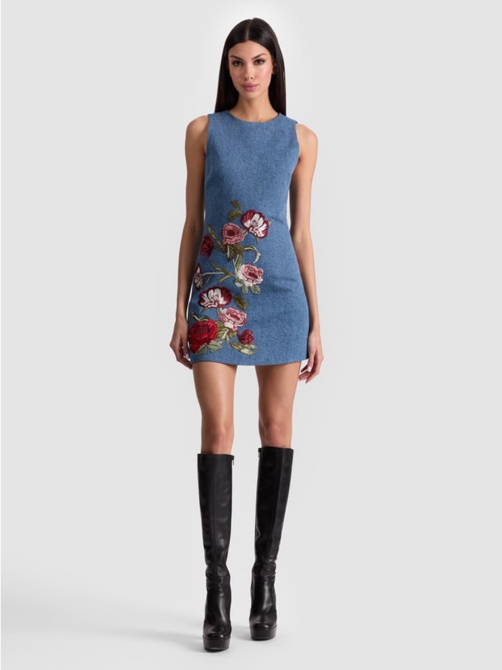 NWT Alice + Olivia Cade Floral Embroidered Sleeveless Denim Dress - Picture 3 of 12